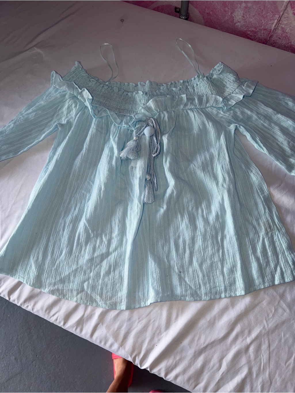 Sugarlips Light Blue Off-Shoulder Tunic With Tassel Tie
